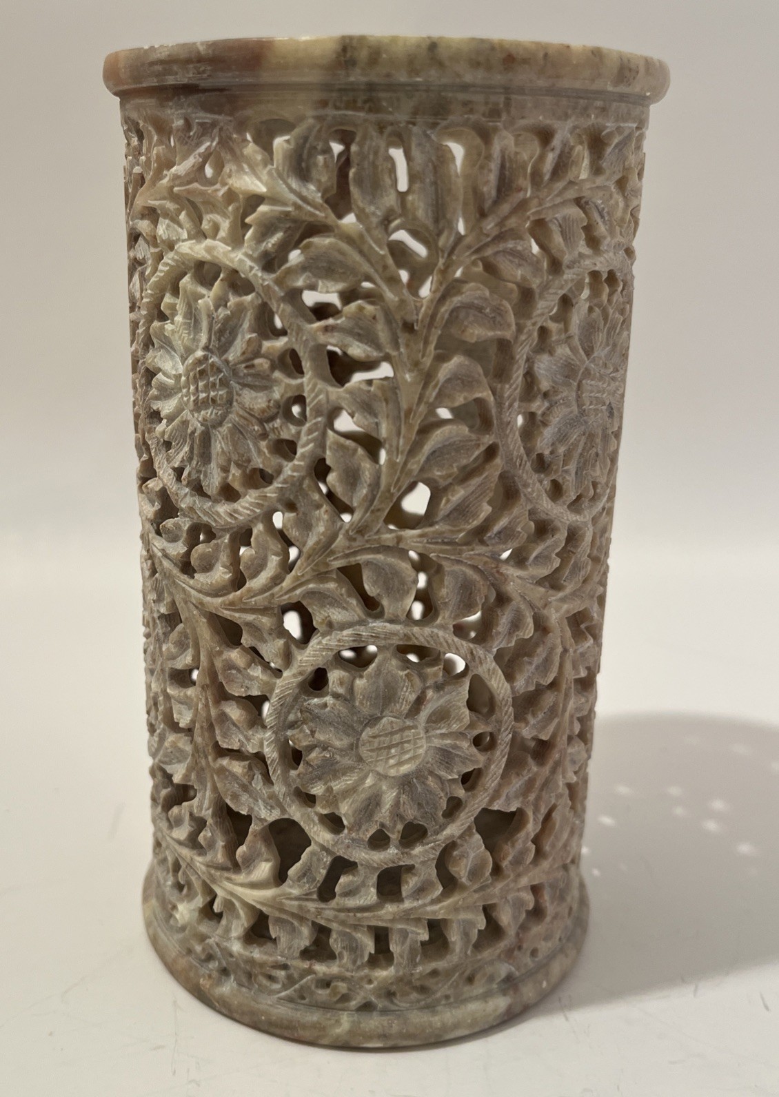VTG Hand-Carved Soapstone Jali Candle Holder-Indian Artisan 