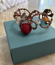 Unique One Of A Kind Braclet Copper Metal Bent To Fit Wrist,red Accent, Stones