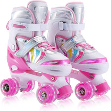 Kids Adjustable Roller Skates Pink Light Up LED Wheels 4 Sizes