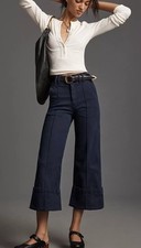 Anthropologie Pilcro Wide Leg Cuffed Pants Brushed Pockets Navy Marin 29 NWT