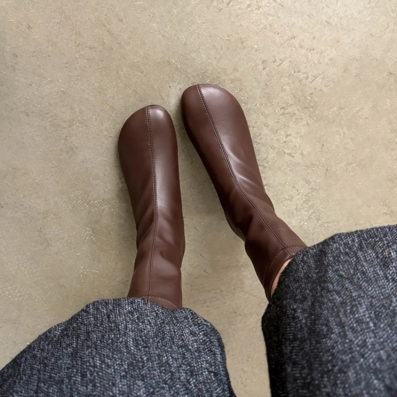 Mujeres Tacones Altos de Cuña Botas a Media Pantorrilla Cuero Punta Redonda Tirar Zapatos Informales Talla Foto 4 de 4