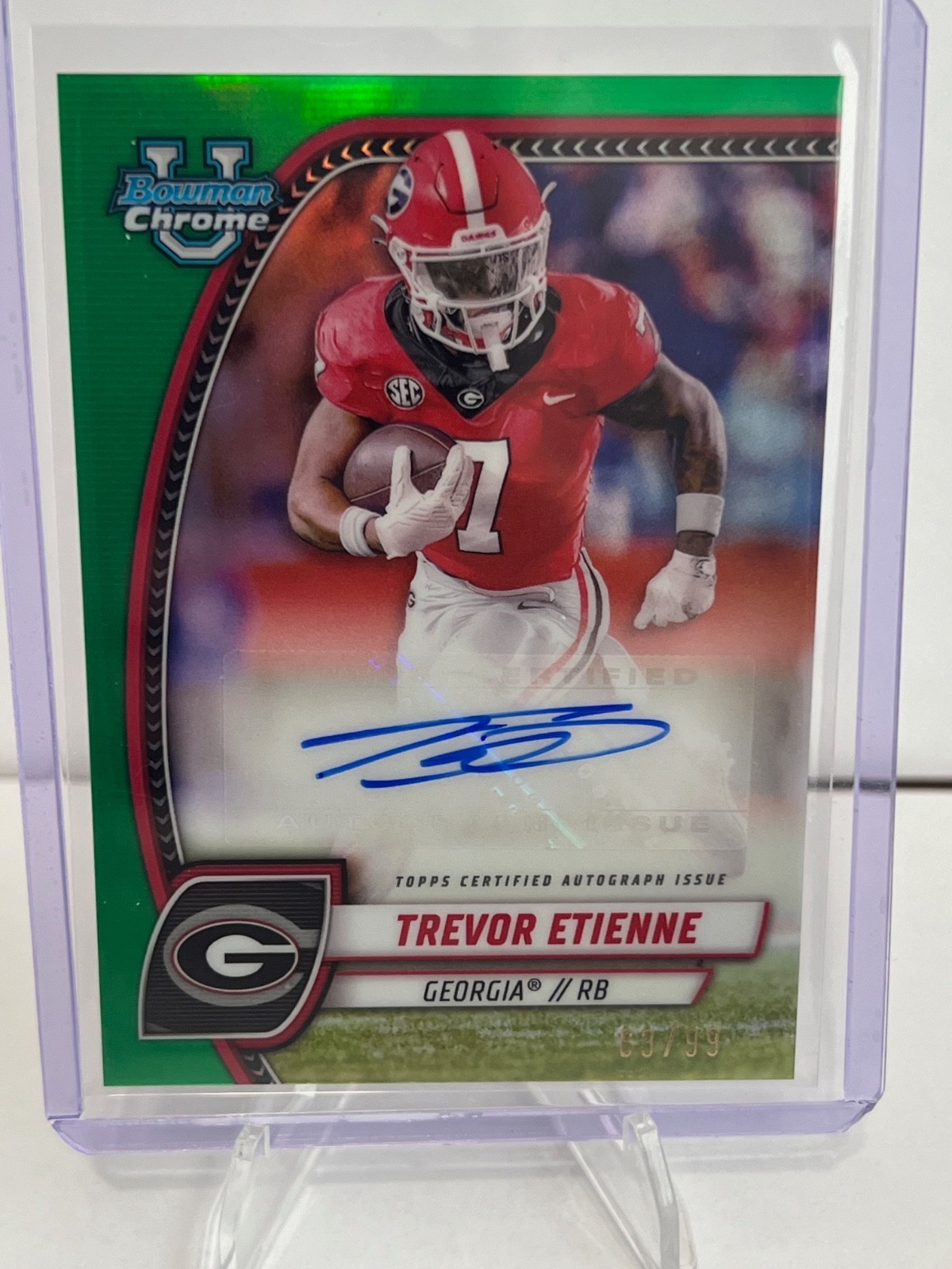 Trevor Etienne 2024 Bowman University Chrome Green /99 Auto RC UGA