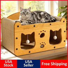 2 in 1 Cat Scratcher Cozy Bed Durable Cardboard Lounge Bed with Hanging Toys NEW