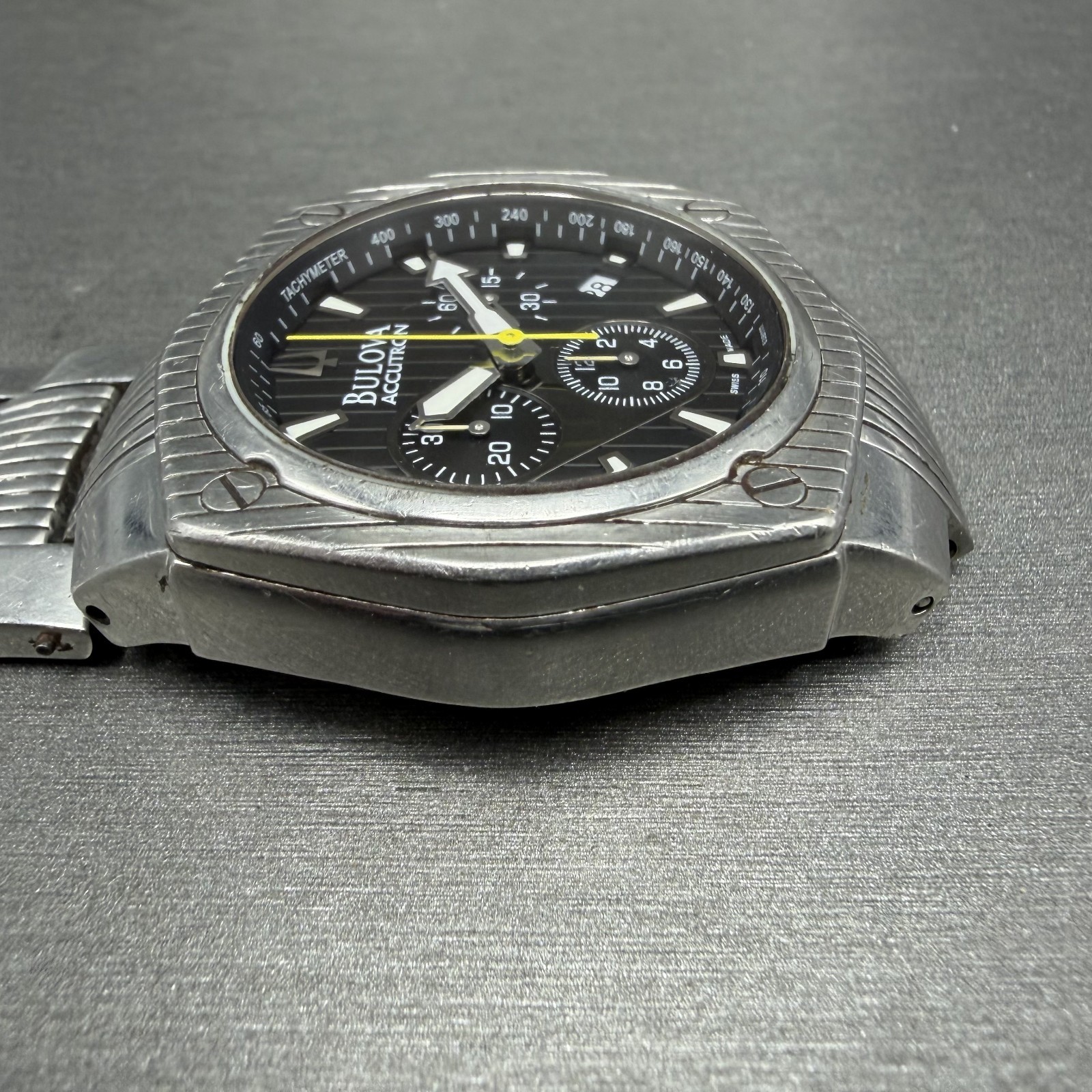 Bulova Accutron Chronograph Watch Men 42mm Black Dial Silver Tone 63B111 New Bat