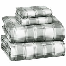 Briarwood Home Printed Flannel Sheet Set, 100 Natural Queen Grey Plaid