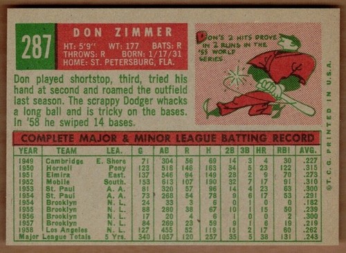 1959 Topps #287 Don Zimmer - Picture 2 of 2