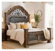 Canyon Charm Rustic Walnut Wood Bed Frame, Hand-carved, Iron, Leather
