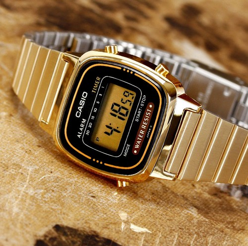 Casio LA670WGA-1 Ladies Digital Watch Gold Steel Band and Black Dial Retro  New 79767436513 | eBay