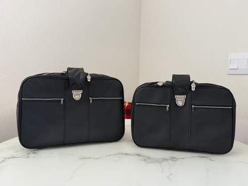 Vintage Leather Suitcase Black Tan Buckle Fastening Flight Bag Retro MIT RW
