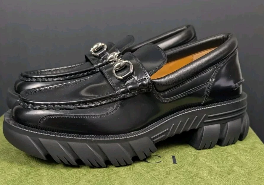 MOCASSIN CUIR NEUF DANS SA BOÎTE GUCCI PLATEFORME MAGNUM VEAU NAPPA SOMOA NOIR TAILLE 6 MORS DE CHEVAL
