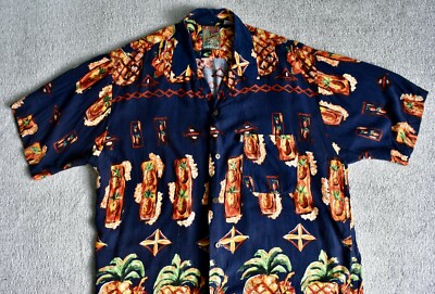 Vintage Pineapple Connection 100% Rayon Blau Hawaii Strand Hemd Sommer Aloha L