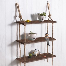Nostalgic 3 Tier Shelf Wall Hanging Shelves Natural Rope Wooden Floating Shelves