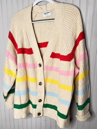 Old Navy Women CARDIGAN 4X Ivory Rainbow Striped Thick Button Preppy NEW