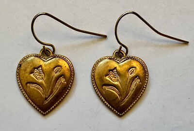 Vintage brass heart with flower charm  1/2 of  1'' earrings 1''