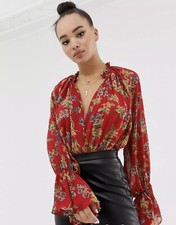 Missguided balloon sleeve bodysuit Blouse Top floral Red V Neck 4 Small