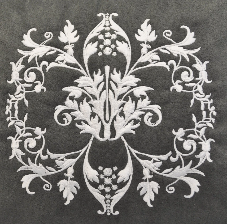 Embroidered White Floral Pillow made w/ Gray Faux Suede Fabric 12" trim cording - Image 3 of 3