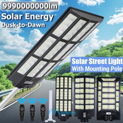 Commercial 9990000000LM LED Radar Motion Sensor Solar Street Light 11000W + Pole