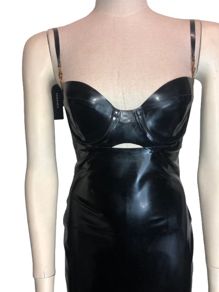 VERSACE Black Latex Zipped Dress with Medusa G Logo on Straps size 40 ITA