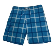 OP Ocean Pacific FLEX 4 WAY STRETCH Blue Black Plaid Board Swim Shorts Size 36