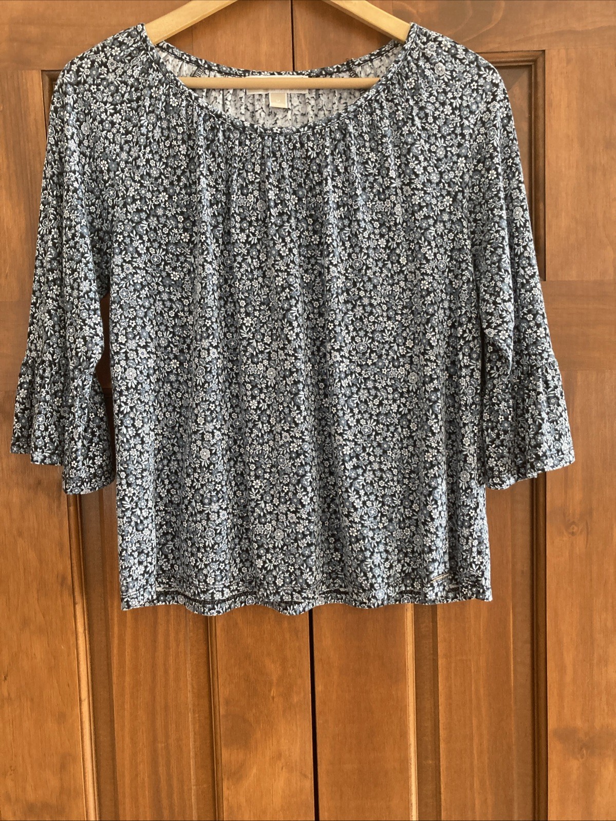 Michael Kors Shirt Women's Medium Blue Floral 3/4 Ruffle Sleeve Blouse Top