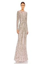 NEW!! Mac Duggal Long Sleeve Beaded Illusion Mesh Column Gown size 4