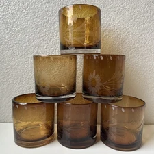 Bobby Flay BFZ1 Amber Floral Lowball Rocks Etched Glasses Set of 6