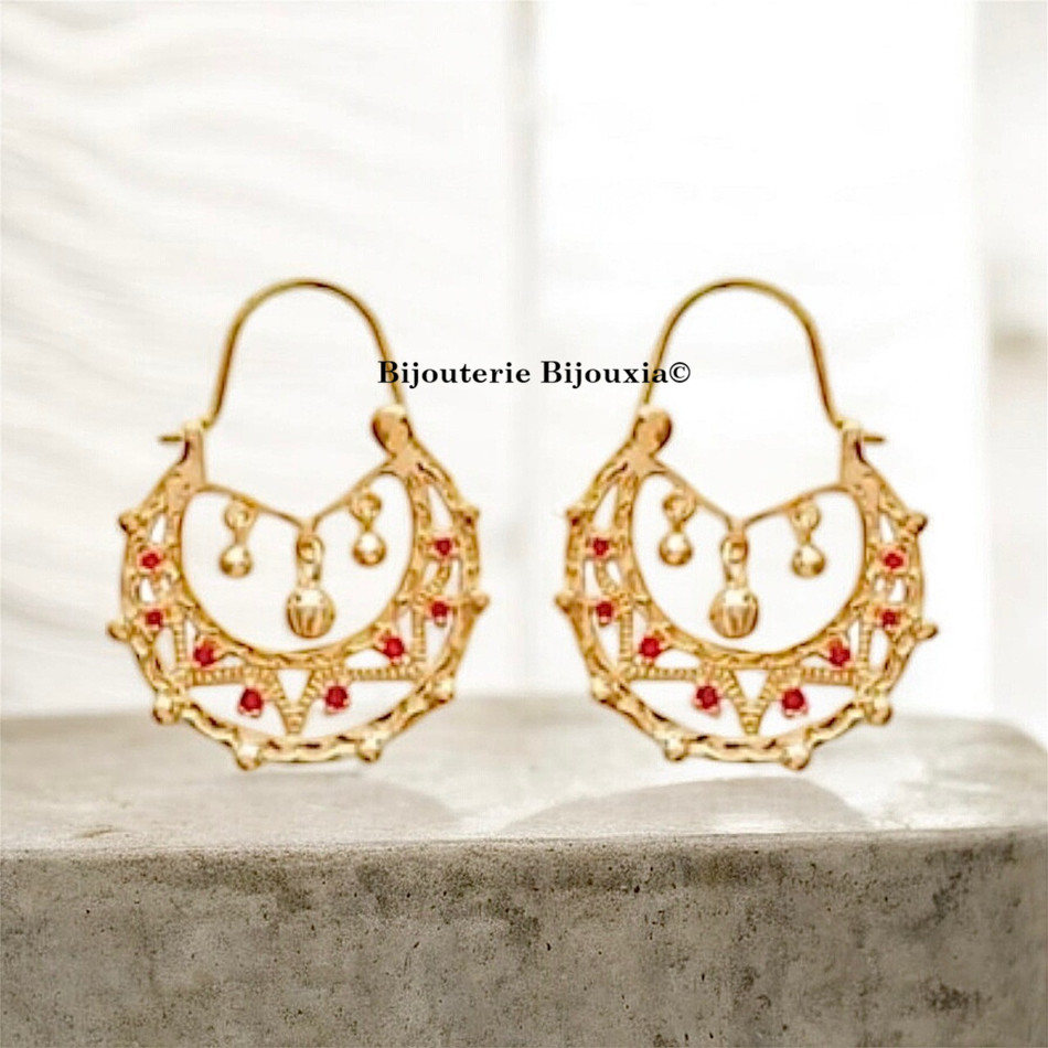 Créoles Savoyardes en plaqué or 18 carats et oxydes de zirconium rubis de haute joaillerie