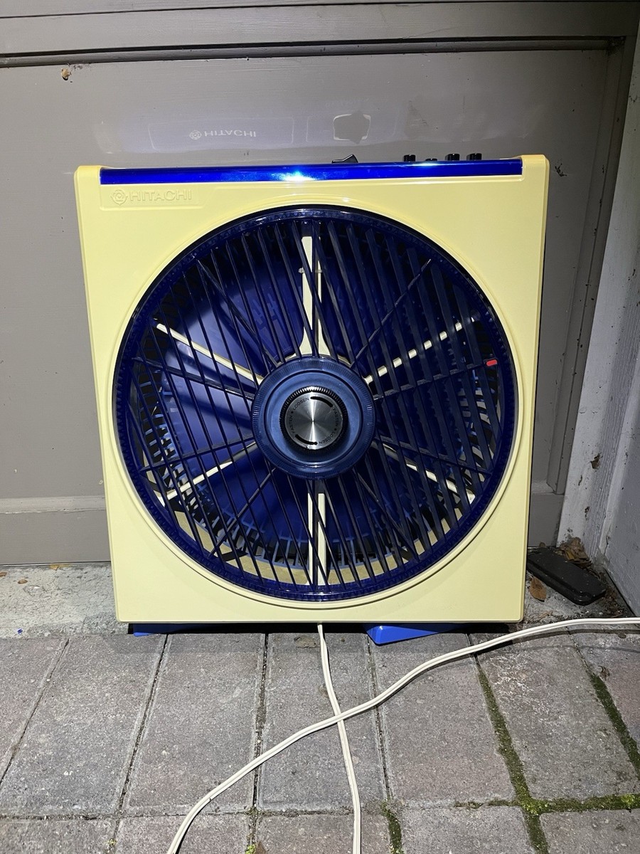 Vintage Hitachi Auto-Aire Box Fan Rotating Grille 3-Speed Blue
