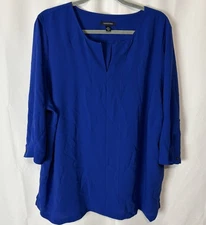 Lands End Womens 3/4 Sleeve Notch Neck Tunic Blouse Cobalt Blue Size 2X Career
