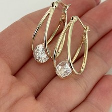 925 Sterling Silver Gold Vermeil Large Clear CZ Hoop Earrings