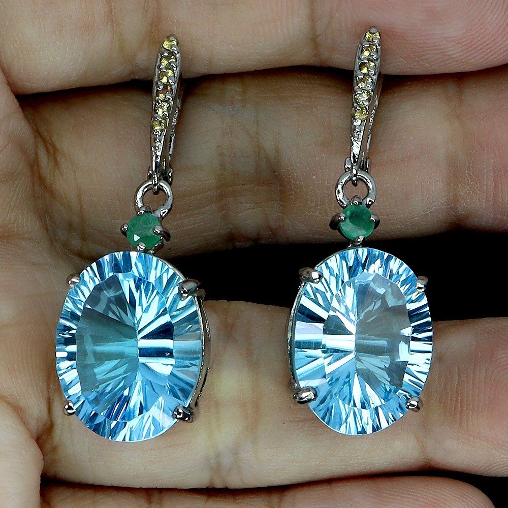 925 Sterling Silver Earrings Oval Swiss Blue Topaz 28ct Handmade Gemstone