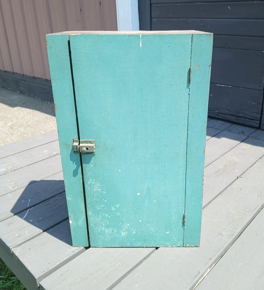 Antiguo gabinete de pared colgante años 1890 pintura turquesa original marca tigre caja de almidón Foto 2 de 4