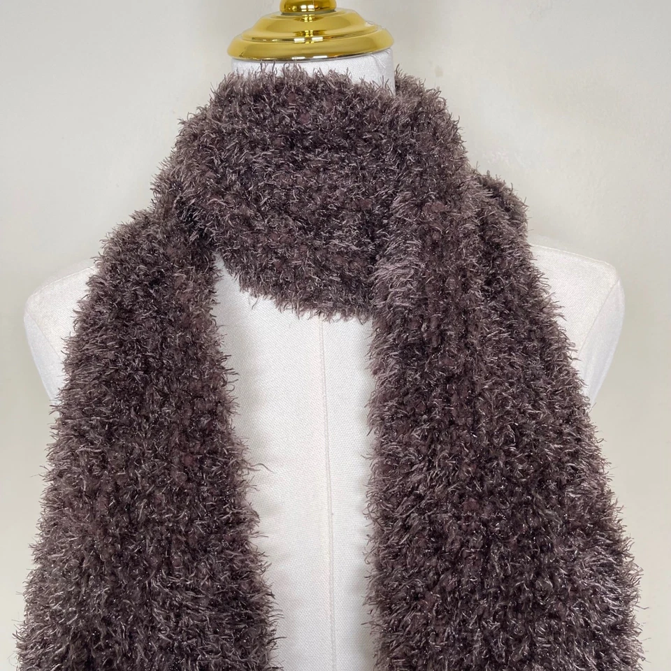Bufanda tejida esponjosa peluda metálica marrón chocolate vintage Y2K Boho Chic Foto 3 de 4