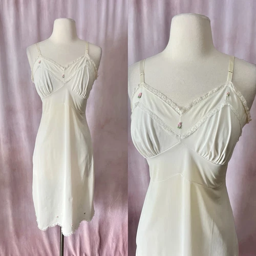 OFF WHITE Abito slip vintage Henson Kickernick taglia 36 bianco sporco floreale smerlato anni 50 60