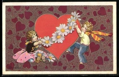 Artist postcard Adolfo Busi: children hang a garland of flowers on a heart 