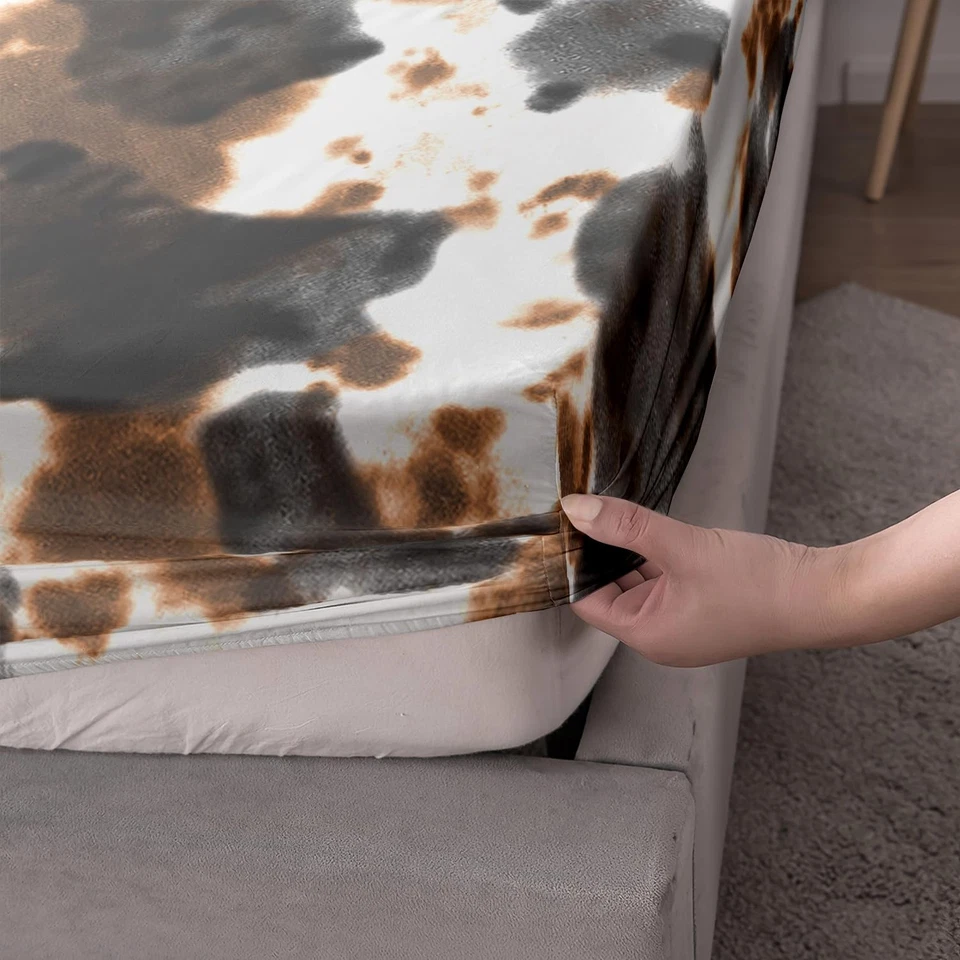 Juego de sábanas ajustables con patrón de cuero de vaca tamaño queen, juego de sábanas con estampado de vaca, piel de vaca con... Foto 4 de 4