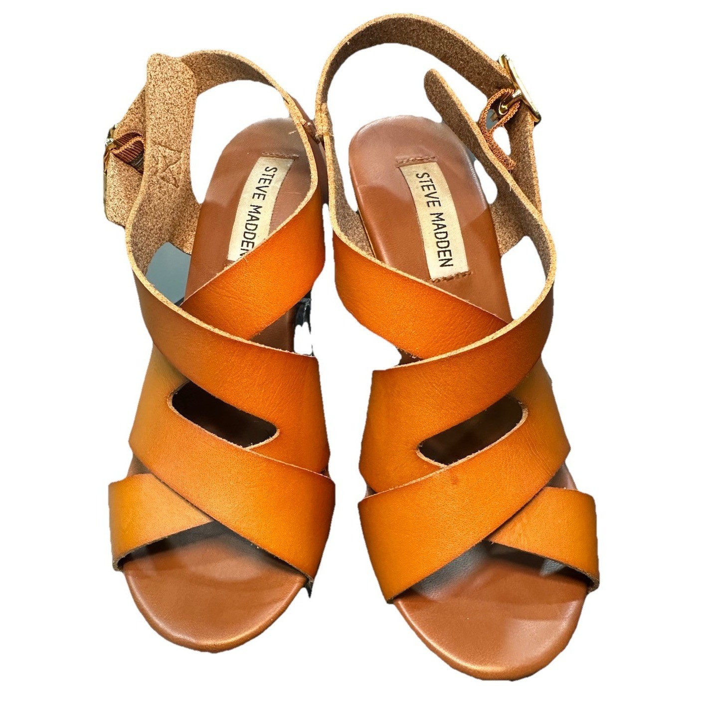 Steve Madden LIFTED Platform Block Heel Sandals Brown/Cognac Leather Wood Size 6