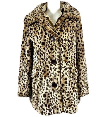 Gallery Coat Womens Small Brown Leopard Faux Fur Button Front Lined Mid Length
