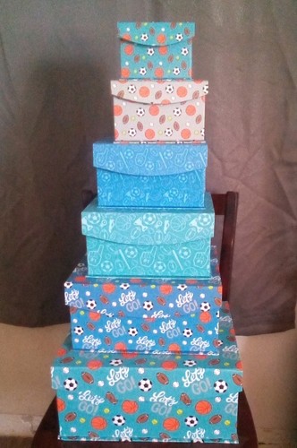 6 Square Nesting Gift Boxes,Boys Sports Decorative Boxes w Lids in 6 Sizes~New - Picture 1 of 5
