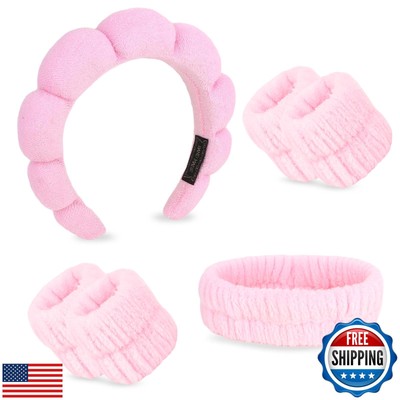 ACO-UINT 6Pcs Pink Spa Headbands and Wrist Washbands Set, Skincare Headbands 
