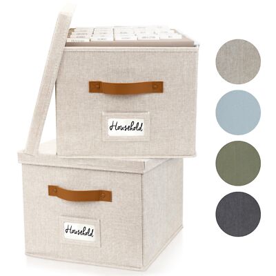 Decorative File Organizer Box Set Linen Collapsible with Lids 2 Pack