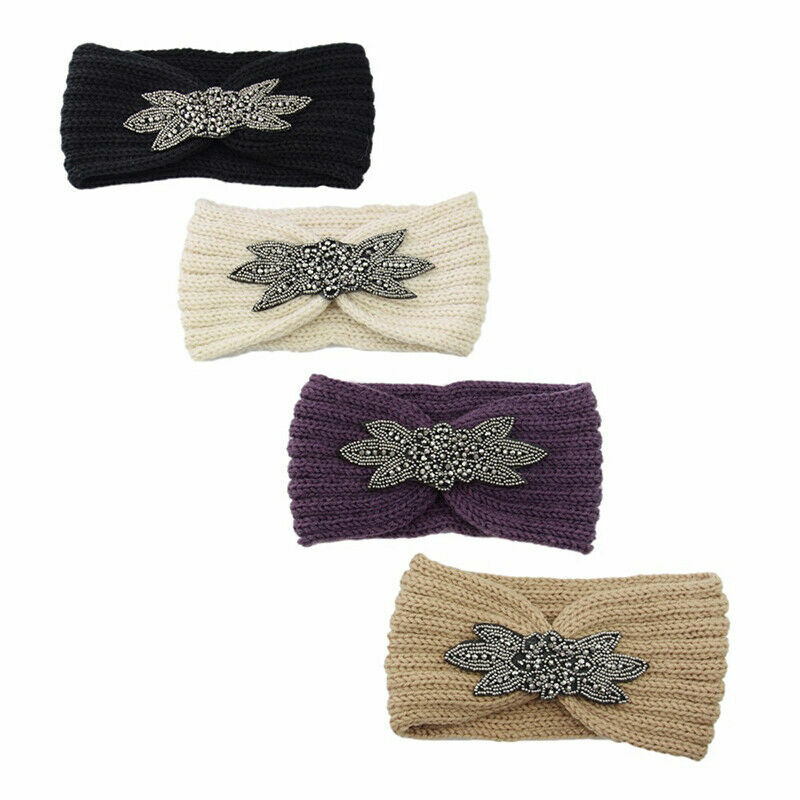 Crystal Rhinestone Knit Headband for Women Stretch Warm Winter Wrap  