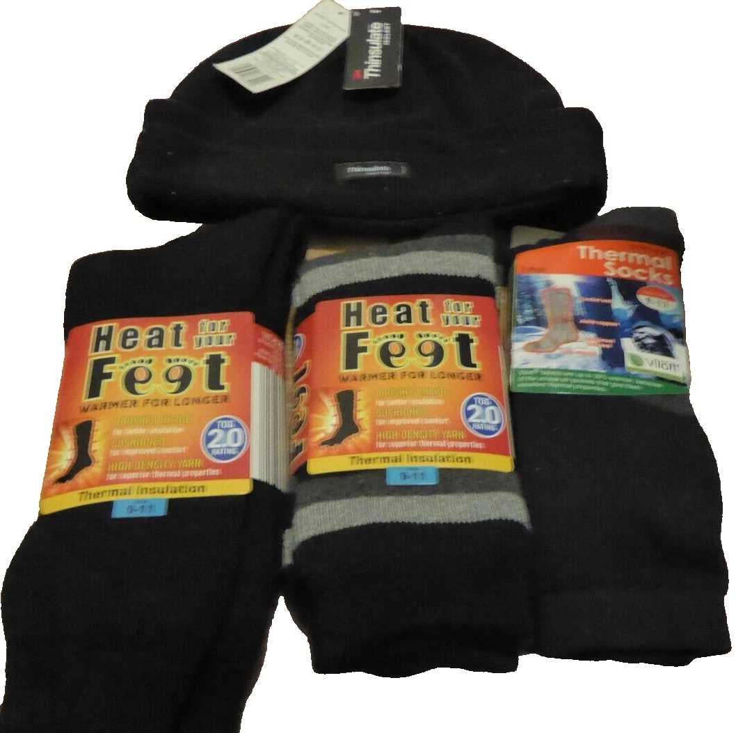 3 PAIRS MEN'S 2 x HEAT FOR YOUR FEET THERMAL SOCKS 2.0 TOG +1 UK 9-11 & WARM HAT