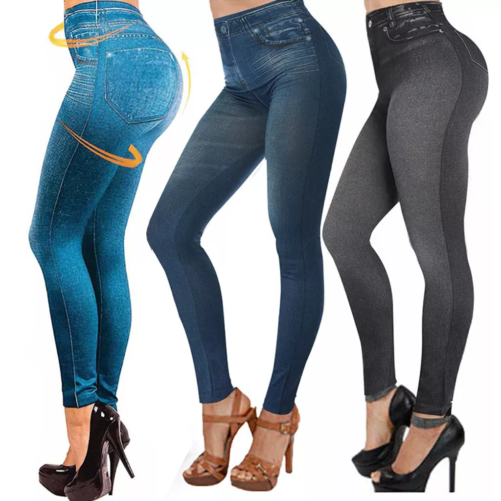 Women's Faux Denim Jeans Leggings High Waist Tummy Control Printed