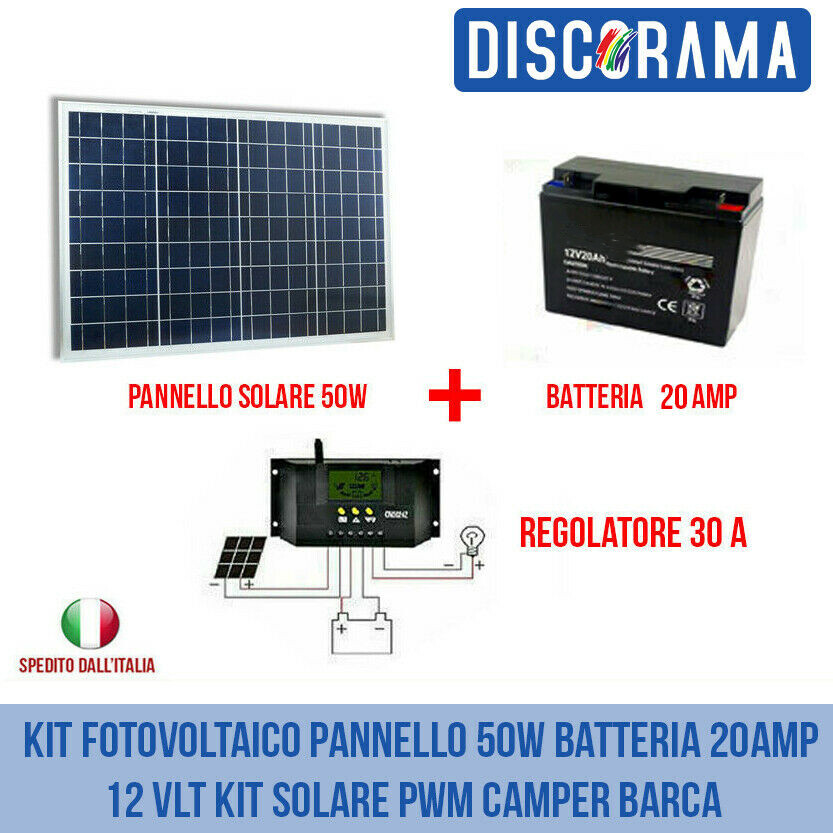 Kit Solare 50W 12V Completo: Pannello, Batteria 20Ah e Regolatore PWM