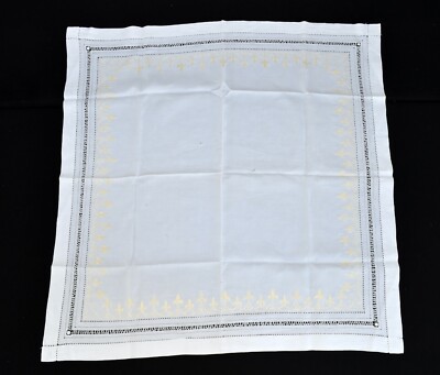 Vintage White Embroidered Fleur de Lys w Cutwork Cotton 35'' Square Tablecloth 