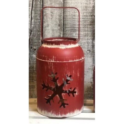 New Primitive Farmhouse Christmas AGED RED SNOWFLAKE LANTERN Candle Holder 10" - Picture 1 of 1