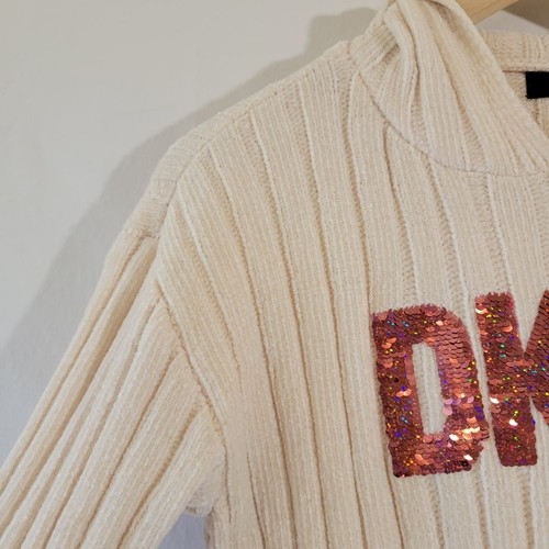 DKNY Girls Flip Sequin Hoodie Sweater XL Ivory Ribbed Knit Y2K Girlhood College - Picture 4 of 10