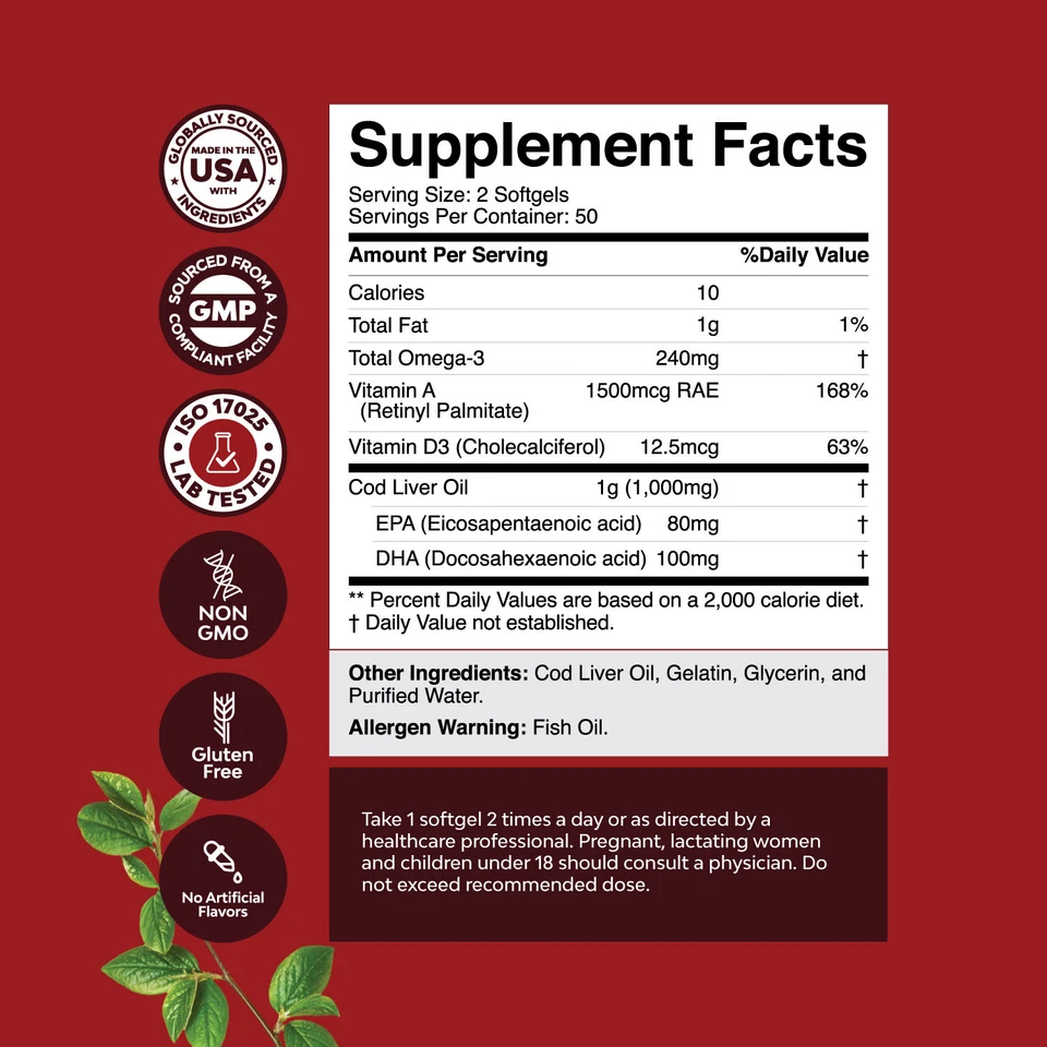 Icelandic Cod Liver Oil Softgels - Wild Caught EPA DHA Omega 3 Fish Oil 100ct - Image 3 of 4