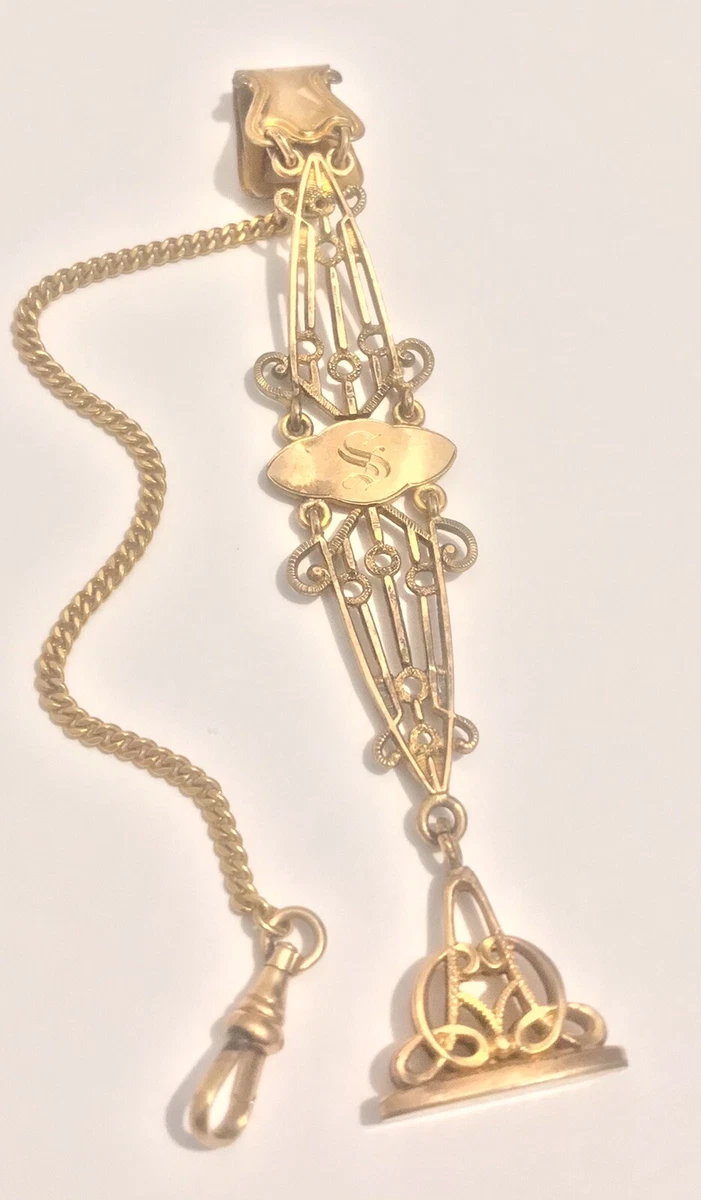 Antique Gold Filled Vest Pocket Watch Chain w/ Filigree Wax Seal Fob Patent  1903